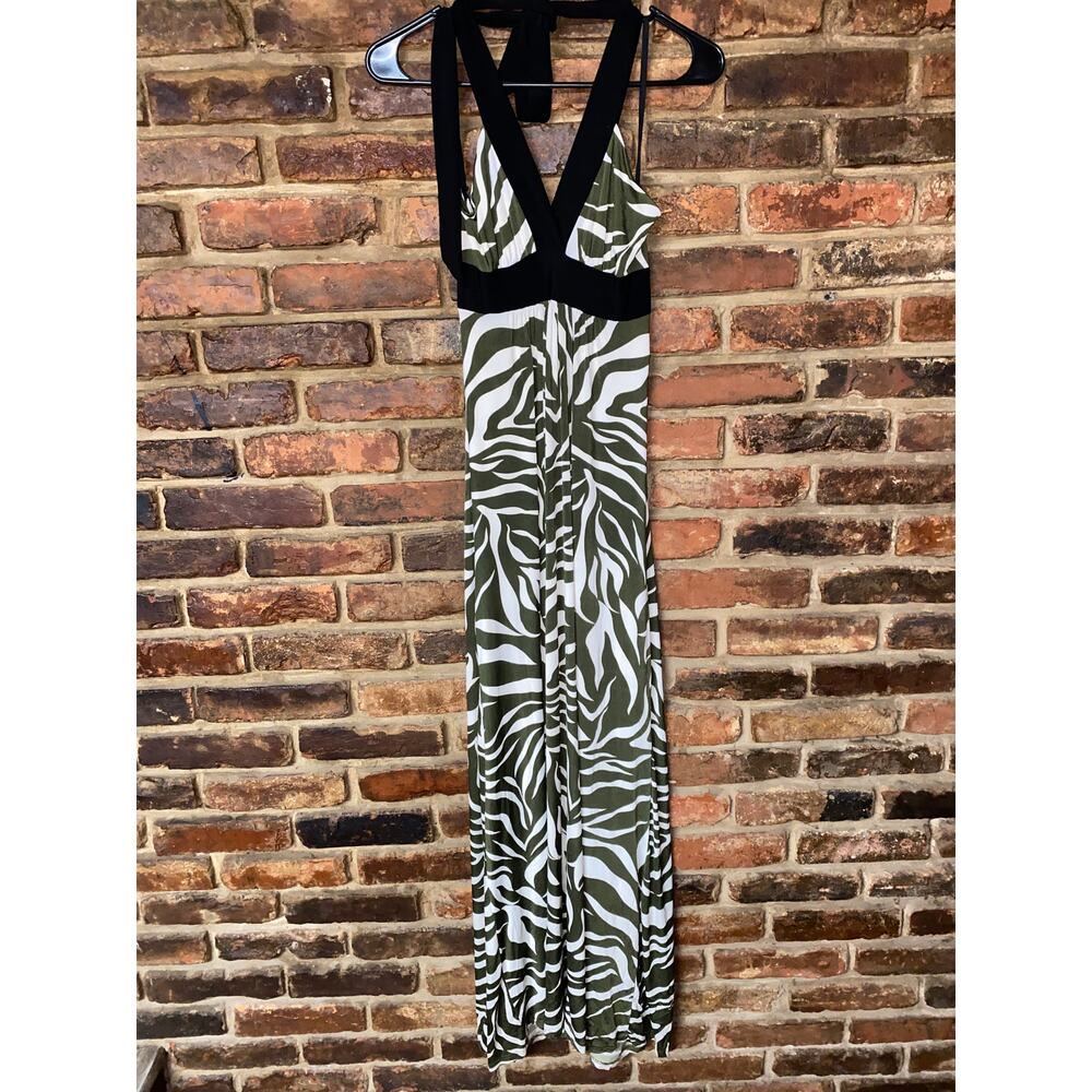 Azules Green White Zebra Print Black Halter Neck Midi Dress Women's Size Small